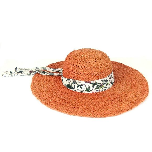 Paul Smith Accessories - Paul Smith Women Coral Raffia Straw Sun Hat Floppy Wide Brim Silk Band Sz L Pool